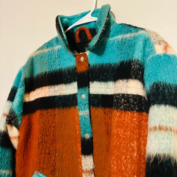 BDG Women's Brushed Fuzzy Wool Blend Oversized Teal Plaid Jacket Size Small - Picture 7 of 14